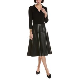 T Tahari Womens Mixed Media A-Line Midi Dress, Black